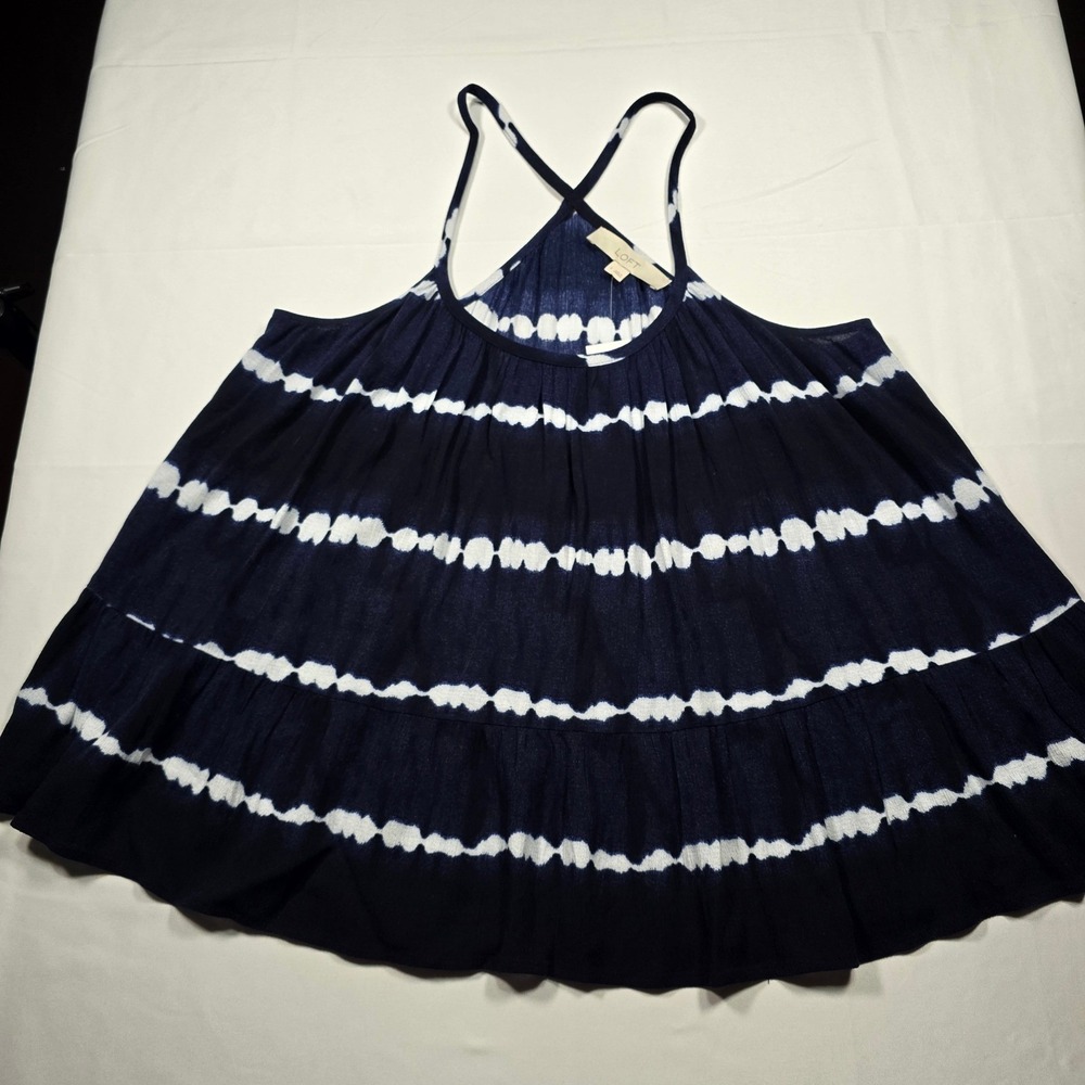 LOFT Womens Small babydoll Navy Blue White Tie Dye Tiered Cami‎ Tank Top NWT